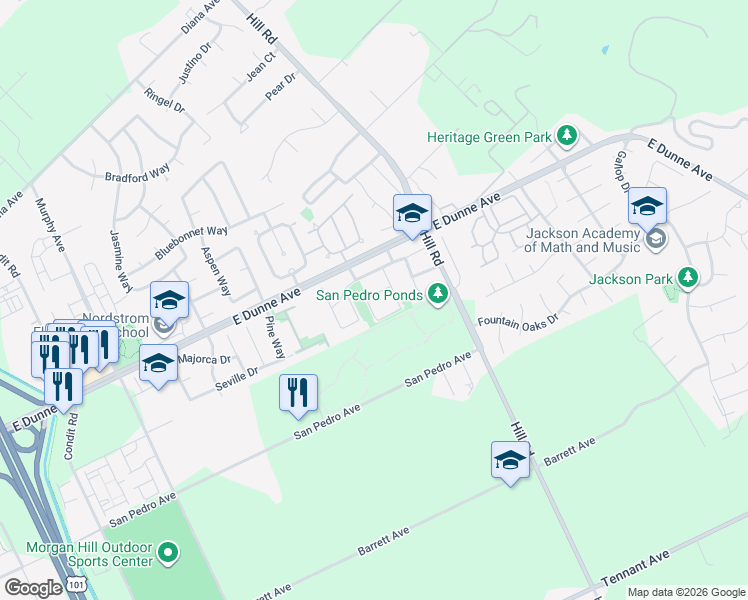 map of restaurants, bars, coffee shops, grocery stores, and more near 16855 Zinfindel Circle in Morgan Hill