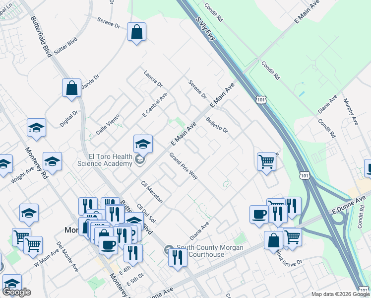 map of restaurants, bars, coffee shops, grocery stores, and more near 575 Biscayne Court in Morgan Hill
