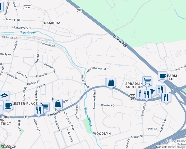 map of restaurants, bars, coffee shops, grocery stores, and more near 1000 Scott St in Christiansburg