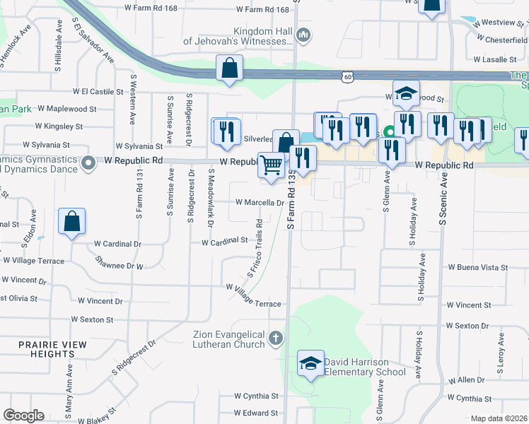 map of restaurants, bars, coffee shops, grocery stores, and more near 3228 Aussie Court in Springfield