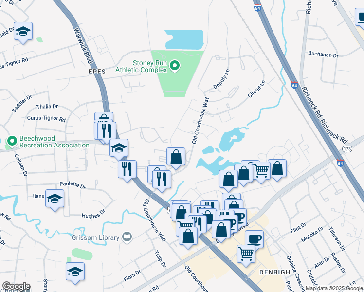 map of restaurants, bars, coffee shops, grocery stores, and more near 409 Hustings Lane in Newport News