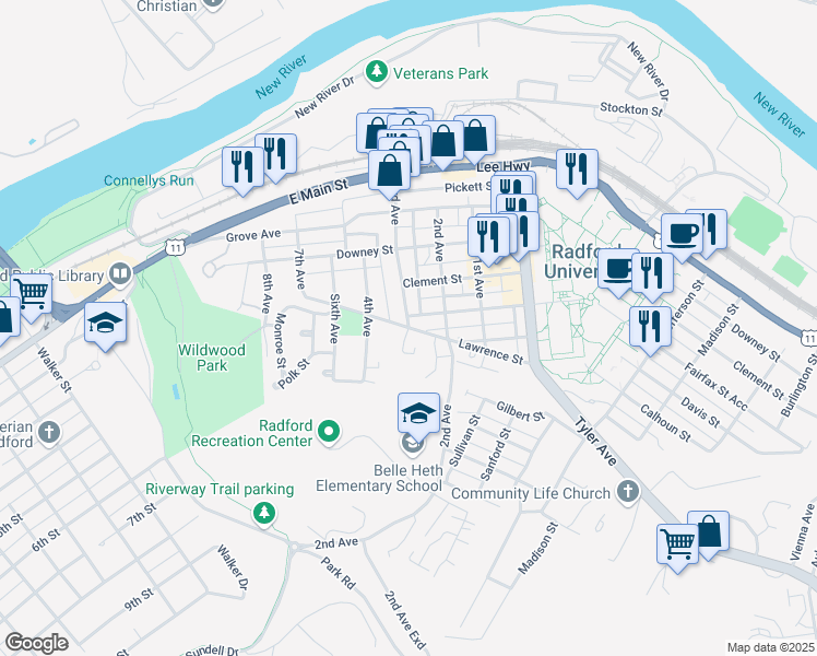 map of restaurants, bars, coffee shops, grocery stores, and more near 607 3rd Avenue in Radford