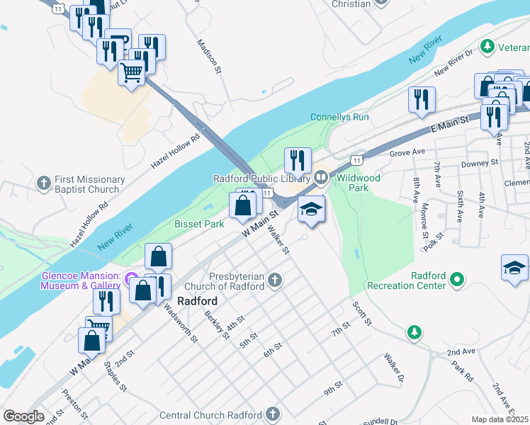 map of restaurants, bars, coffee shops, grocery stores, and more near 100-102 West Main Street in Radford