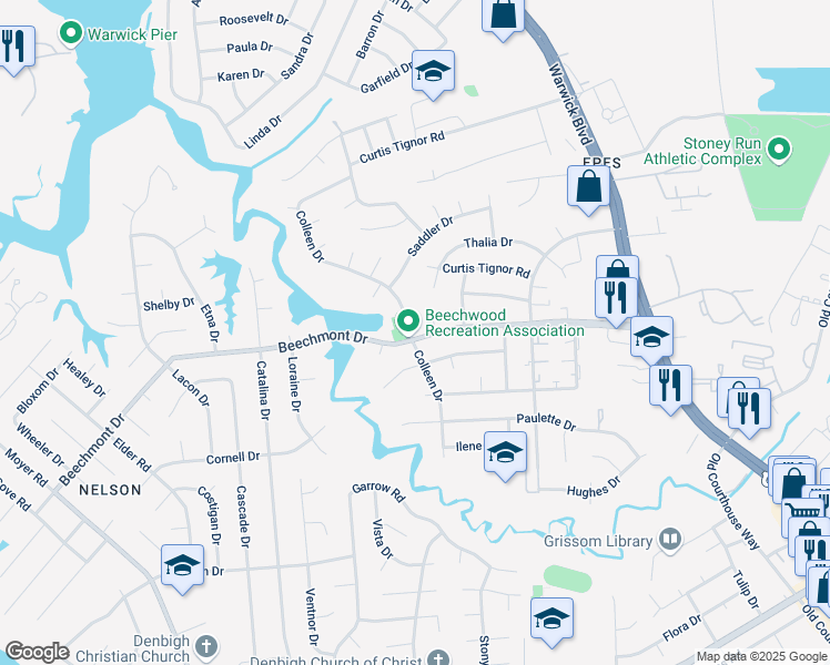 map of restaurants, bars, coffee shops, grocery stores, and more near 315 Beechmont Drive in Newport News