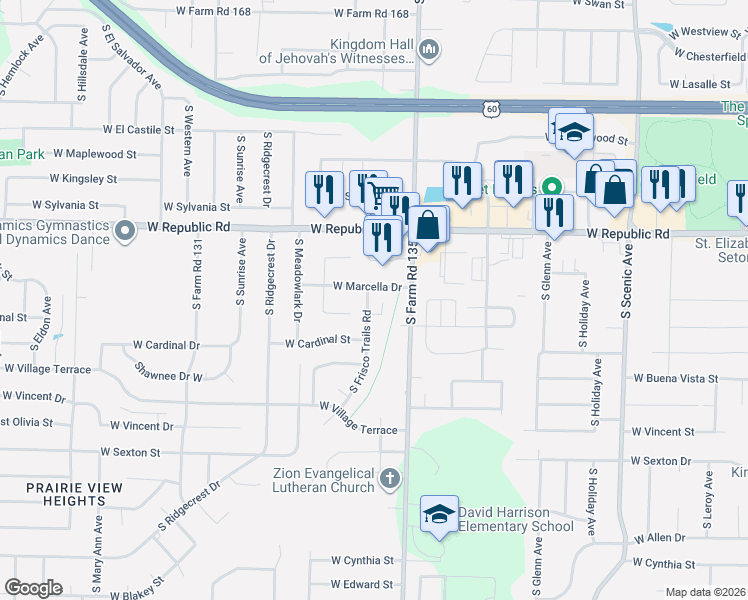 map of restaurants, bars, coffee shops, grocery stores, and more near 3228 Aussie Court in Springfield