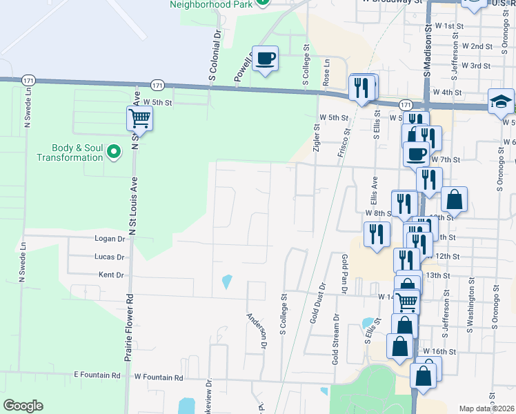 map of restaurants, bars, coffee shops, grocery stores, and more near 1625 Jacee Circle in Webb City