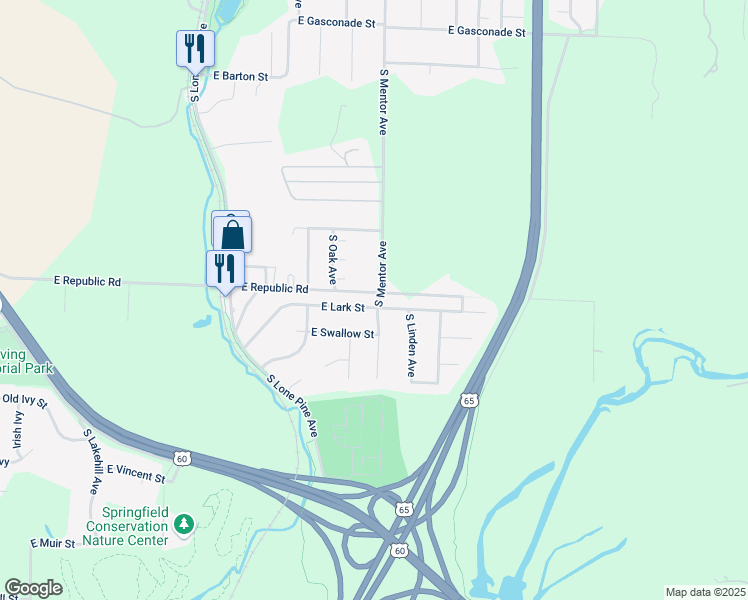 map of restaurants, bars, coffee shops, grocery stores, and more near 3242-3306 East Lark Street in Springfield