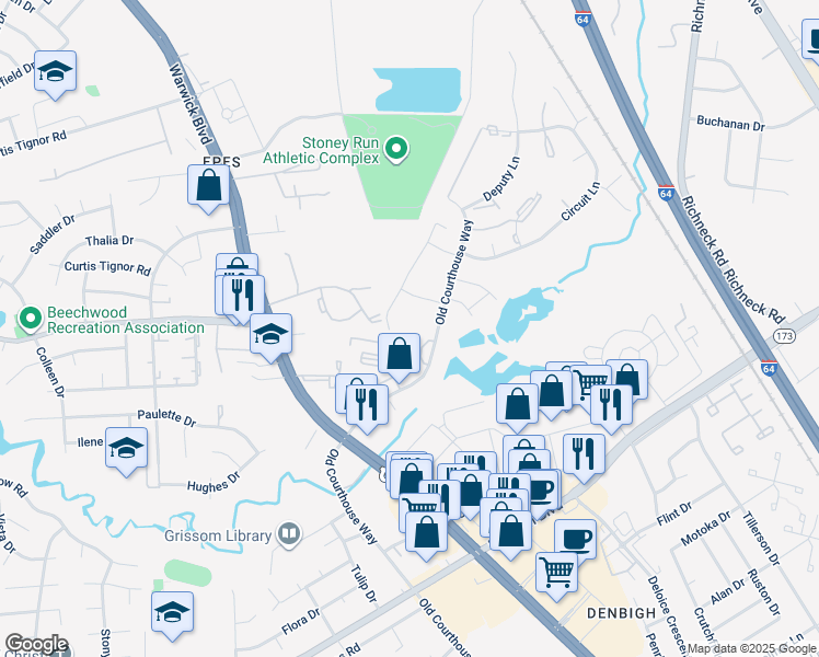 map of restaurants, bars, coffee shops, grocery stores, and more near 409 Hustings Lane in Newport News