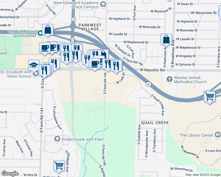 map of restaurants, bars, coffee shops, grocery stores, and more near 4346 South Kansas Avenue in Springfield