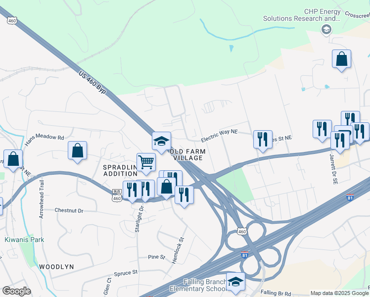 map of restaurants, bars, coffee shops, grocery stores, and more near 1730 Old Farm Village Road in Christiansburg