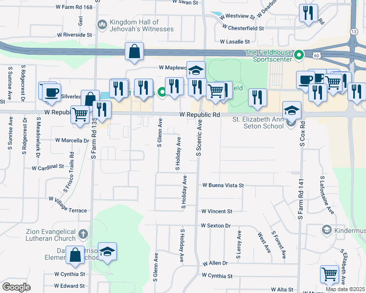 map of restaurants, bars, coffee shops, grocery stores, and more near 4300 South Holiday Avenue in Springfield