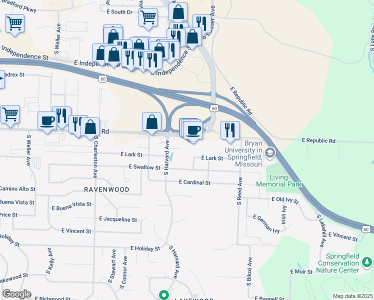 map of restaurants, bars, coffee shops, grocery stores, and more near 4301 South Gentry Avenue in Springfield