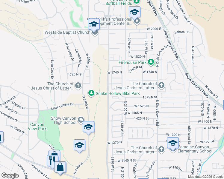 map of restaurants, bars, coffee shops, grocery stores, and more near 1235 North 2190 West in St. George