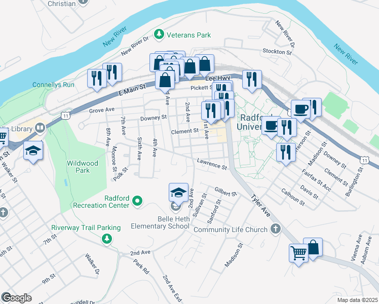 map of restaurants, bars, coffee shops, grocery stores, and more near 504 2nd Avenue in Radford