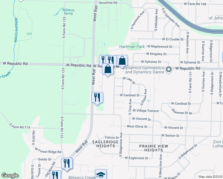 map of restaurants, bars, coffee shops, grocery stores, and more near 4365 South Farm Road 125 in Springfield