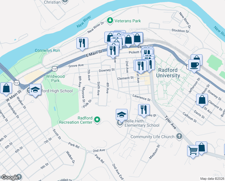 map of restaurants, bars, coffee shops, grocery stores, and more near 599 4th Avenue in Radford