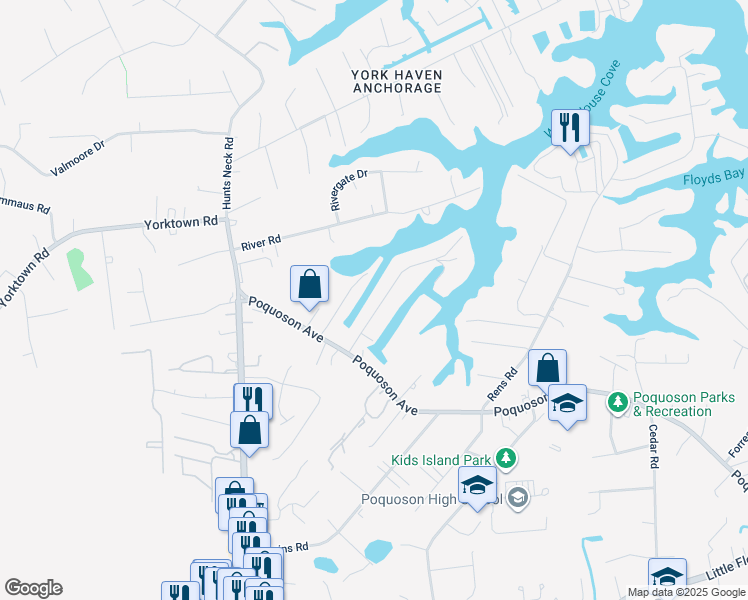 map of restaurants, bars, coffee shops, grocery stores, and more near 21 Woodland Road in Poquoson