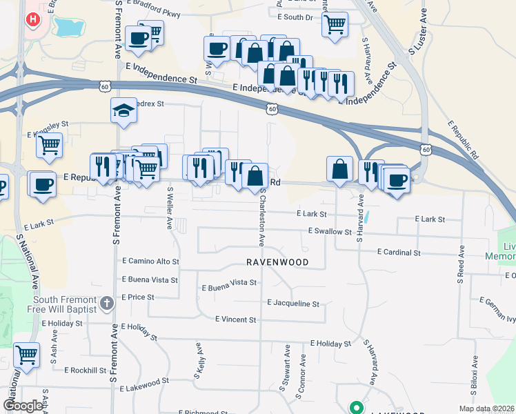 map of restaurants, bars, coffee shops, grocery stores, and more near 1744 East Lark Street in Springfield