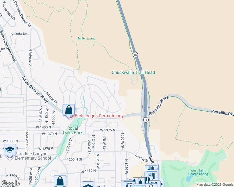 map of restaurants, bars, coffee shops, grocery stores, and more near 1654 Starling Circle in St. George