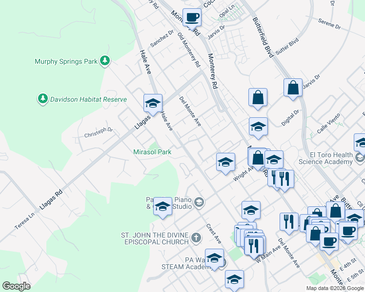 map of restaurants, bars, coffee shops, grocery stores, and more near Hale Avenue in Morgan Hill