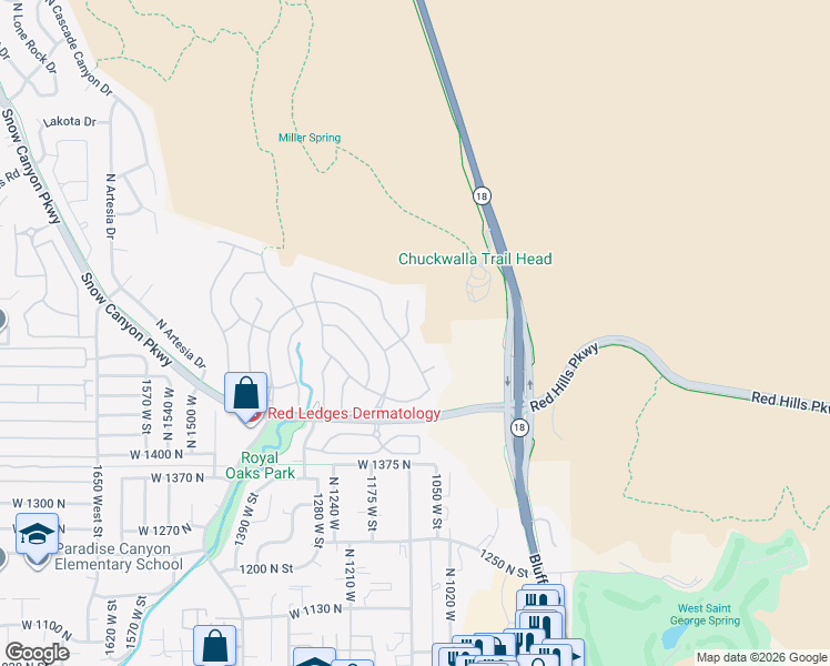 map of restaurants, bars, coffee shops, grocery stores, and more near 1654 Starling Circle in St. George