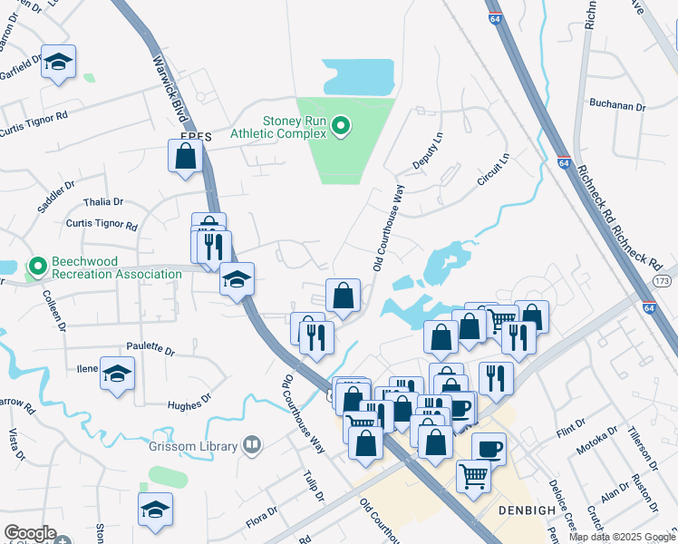 map of restaurants, bars, coffee shops, grocery stores, and more near 419 Hustings Lane in Newport News