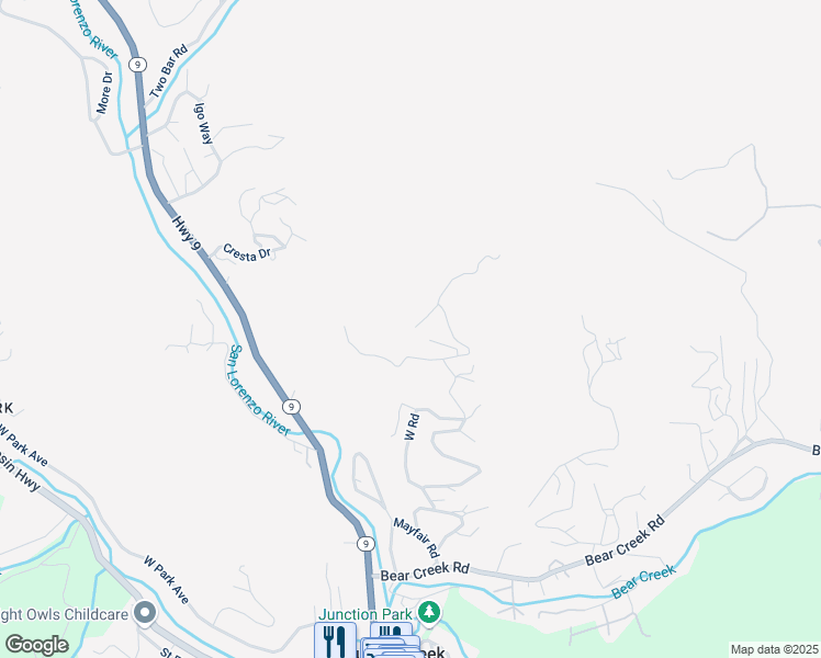 map of restaurants, bars, coffee shops, grocery stores, and more near 155 Hummingbird Lane in Boulder Creek