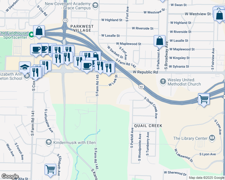 map of restaurants, bars, coffee shops, grocery stores, and more near 4357 South Newton Avenue in Springfield