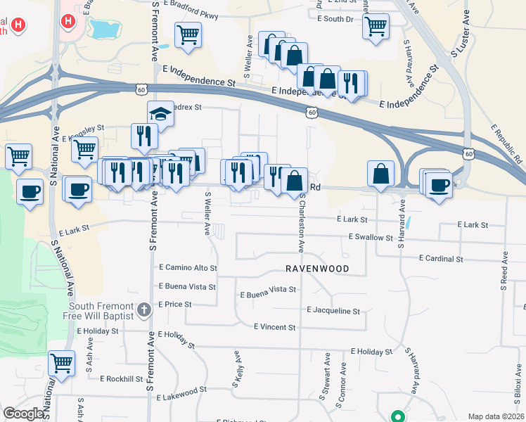 map of restaurants, bars, coffee shops, grocery stores, and more near 1659 E Swallow St in Springfield