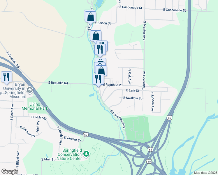 map of restaurants, bars, coffee shops, grocery stores, and more near 4236 S Middleton Ave in Springfield