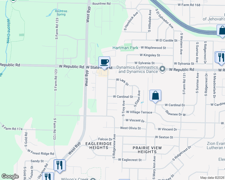 map of restaurants, bars, coffee shops, grocery stores, and more near 3935-3945 West Cardinal Street in Springfield