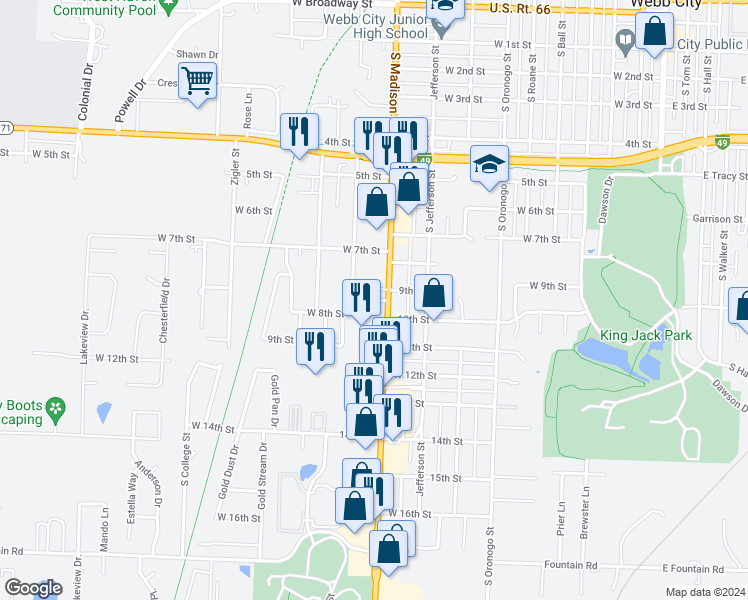 map of restaurants, bars, coffee shops, grocery stores, and more near 1009 West 8th Street in Webb City