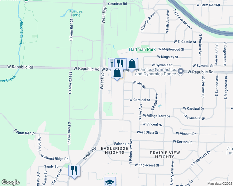 map of restaurants, bars, coffee shops, grocery stores, and more near 4318 South Timbercreek Avenue in Battlefield