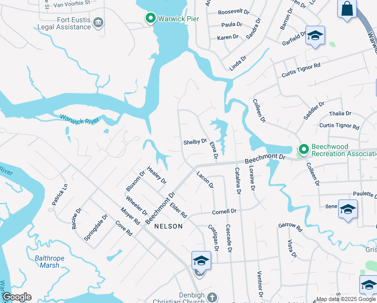 map of restaurants, bars, coffee shops, grocery stores, and more near 177 Corinthia Drive in Newport News