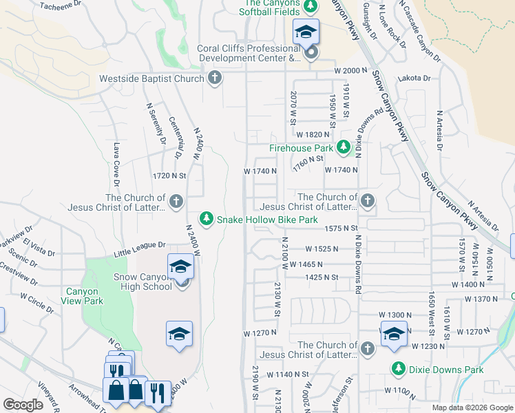 map of restaurants, bars, coffee shops, grocery stores, and more near 2410 West 1610 North in St. George