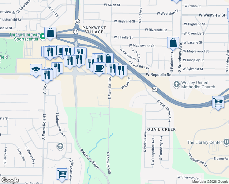 map of restaurants, bars, coffee shops, grocery stores, and more near 1514 West Lark Street in Springfield