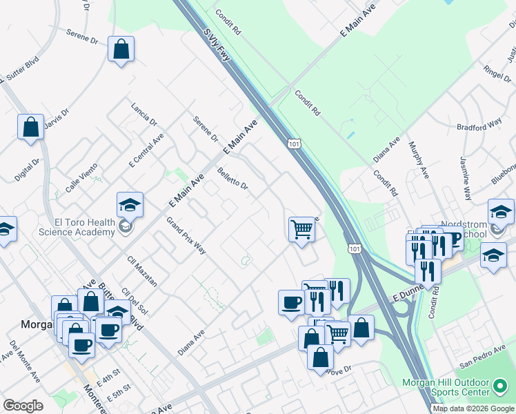 map of restaurants, bars, coffee shops, grocery stores, and more near 834 English Walnut Way in Morgan Hill