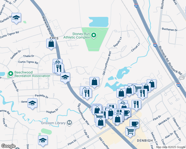 map of restaurants, bars, coffee shops, grocery stores, and more near 417 Hustings Lane in Newport News