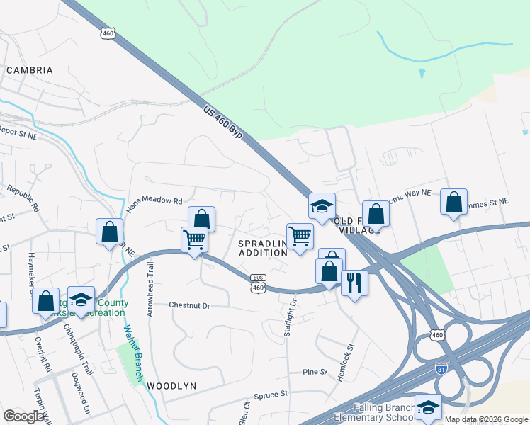 map of restaurants, bars, coffee shops, grocery stores, and more near 1325 Sherwood Drive in Christiansburg
