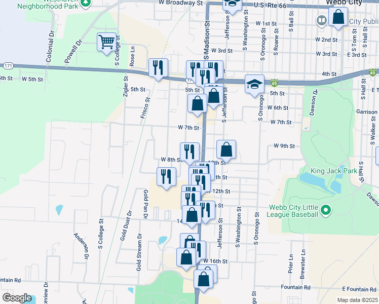 map of restaurants, bars, coffee shops, grocery stores, and more near 719 South Oakland Avenue in Webb City