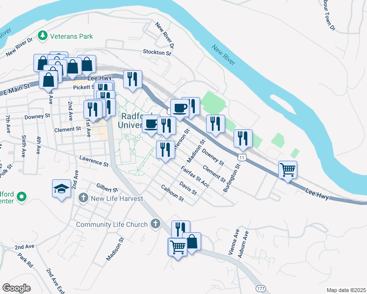 map of restaurants, bars, coffee shops, grocery stores, and more near 608 Clement Street in Radford