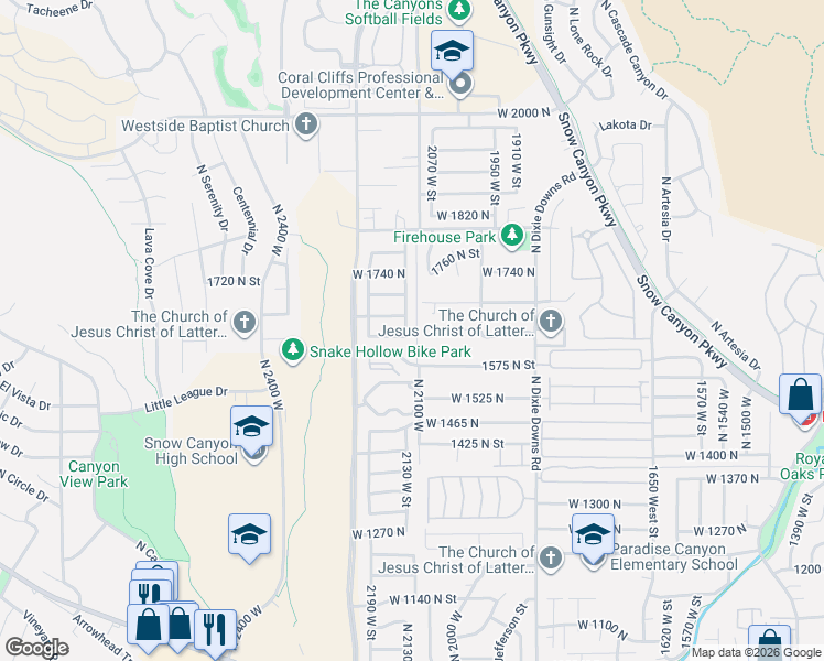 map of restaurants, bars, coffee shops, grocery stores, and more near 1628 North 2130 West in St. George