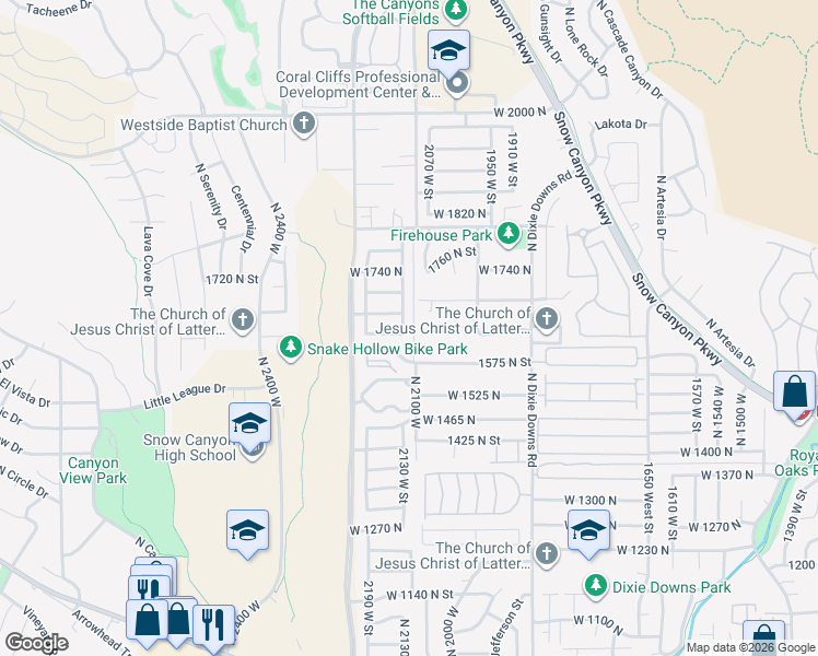 map of restaurants, bars, coffee shops, grocery stores, and more near 1628 North 2130 West in St. George