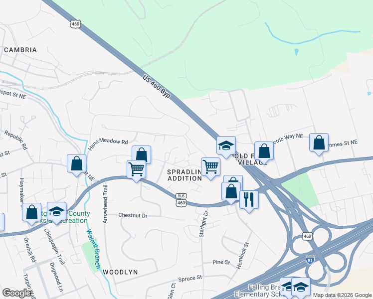 map of restaurants, bars, coffee shops, grocery stores, and more near 1325 Sherwood Drive in Christiansburg