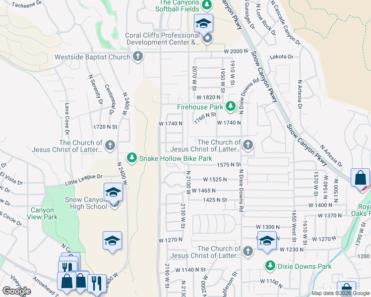 map of restaurants, bars, coffee shops, grocery stores, and more near 1628 North 2130 West in St. George