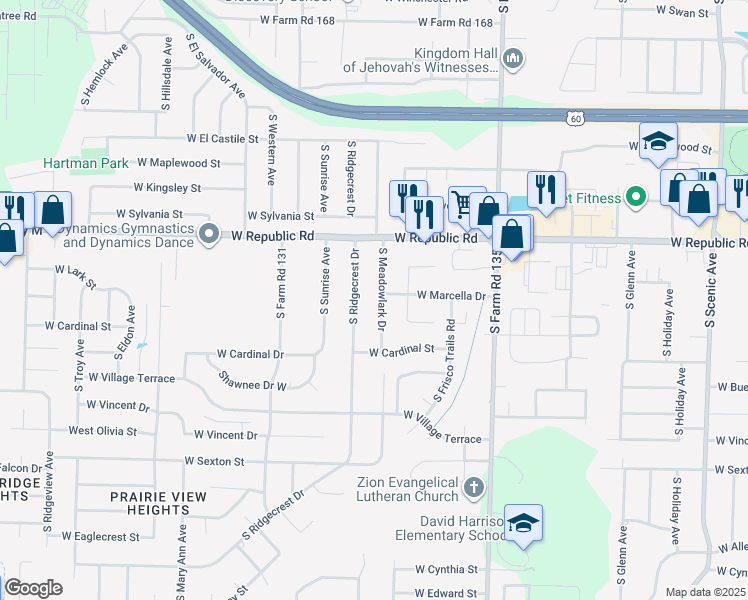 map of restaurants, bars, coffee shops, grocery stores, and more near 4250 South Ridgecrest Drive in Springfield