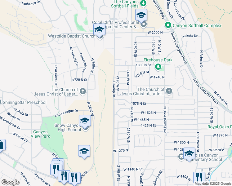 map of restaurants, bars, coffee shops, grocery stores, and more near 1633 North 2190 West in St. George