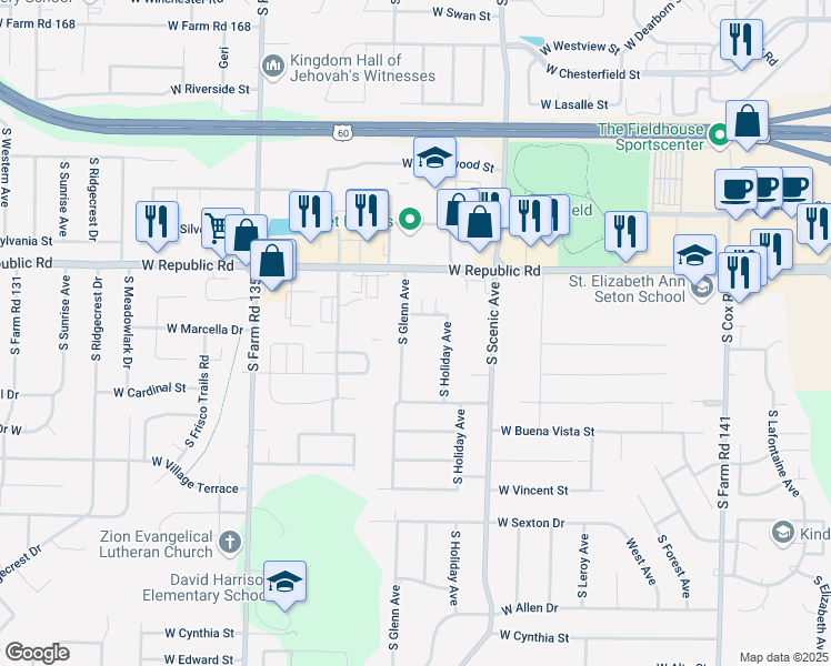 map of restaurants, bars, coffee shops, grocery stores, and more near 2788 West Lark Street in Springfield