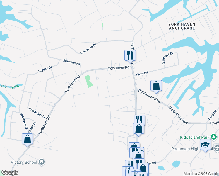 map of restaurants, bars, coffee shops, grocery stores, and more near 4 Gordon Drive in Poquoson