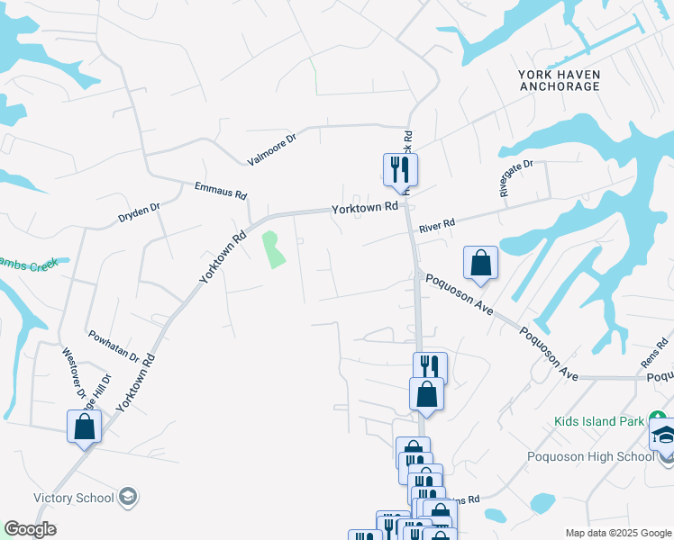 map of restaurants, bars, coffee shops, grocery stores, and more near 4 Gordon Drive in Poquoson